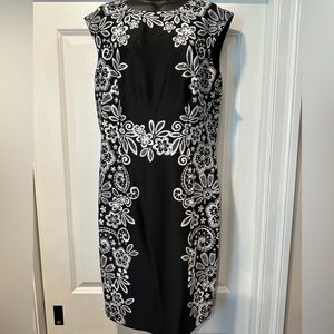 Classic Black Sheath Dress with White Floral Embroidery - 39.5” Length